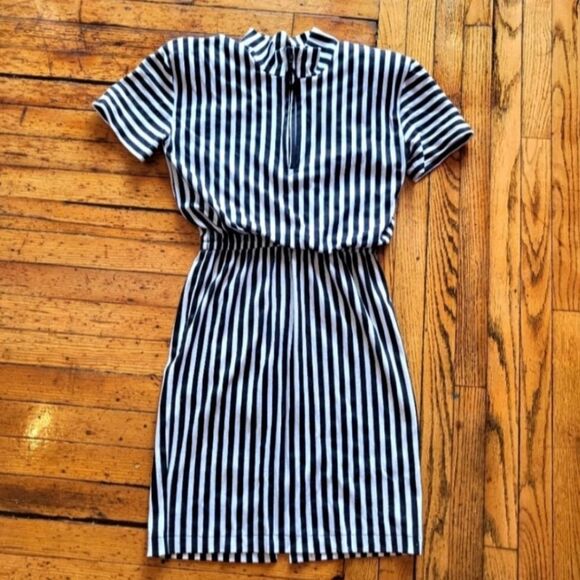 J.B. Wright Ltd. Petites Vintage Vertical Stripe Quarter Zip Midi Dress Size 7/8 - Picture 1 of 10